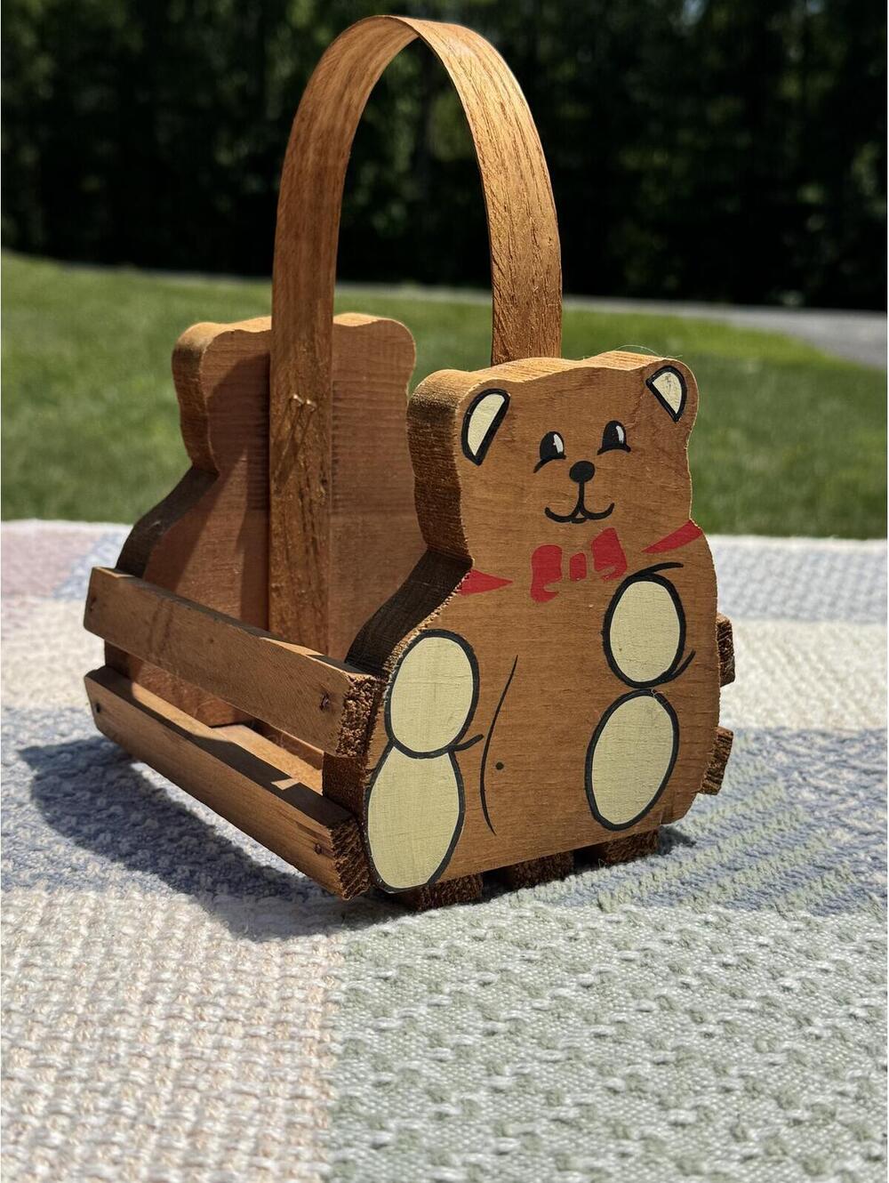 1980's Vintage Wooden Bear Basket with Handle